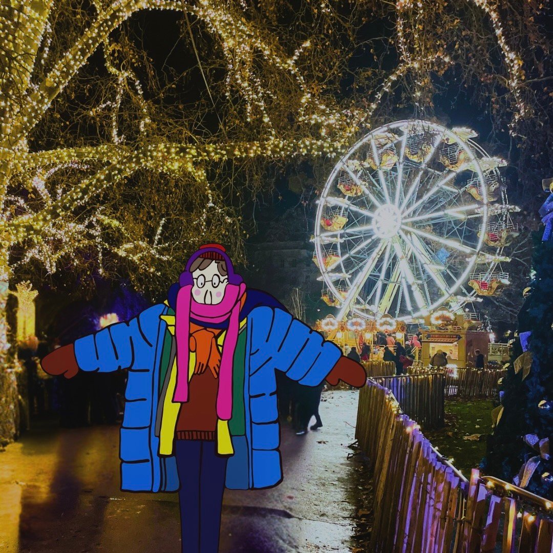 Image of a person (illustration) wearing multiple layers of clothes at a Vienna Christmas market at night