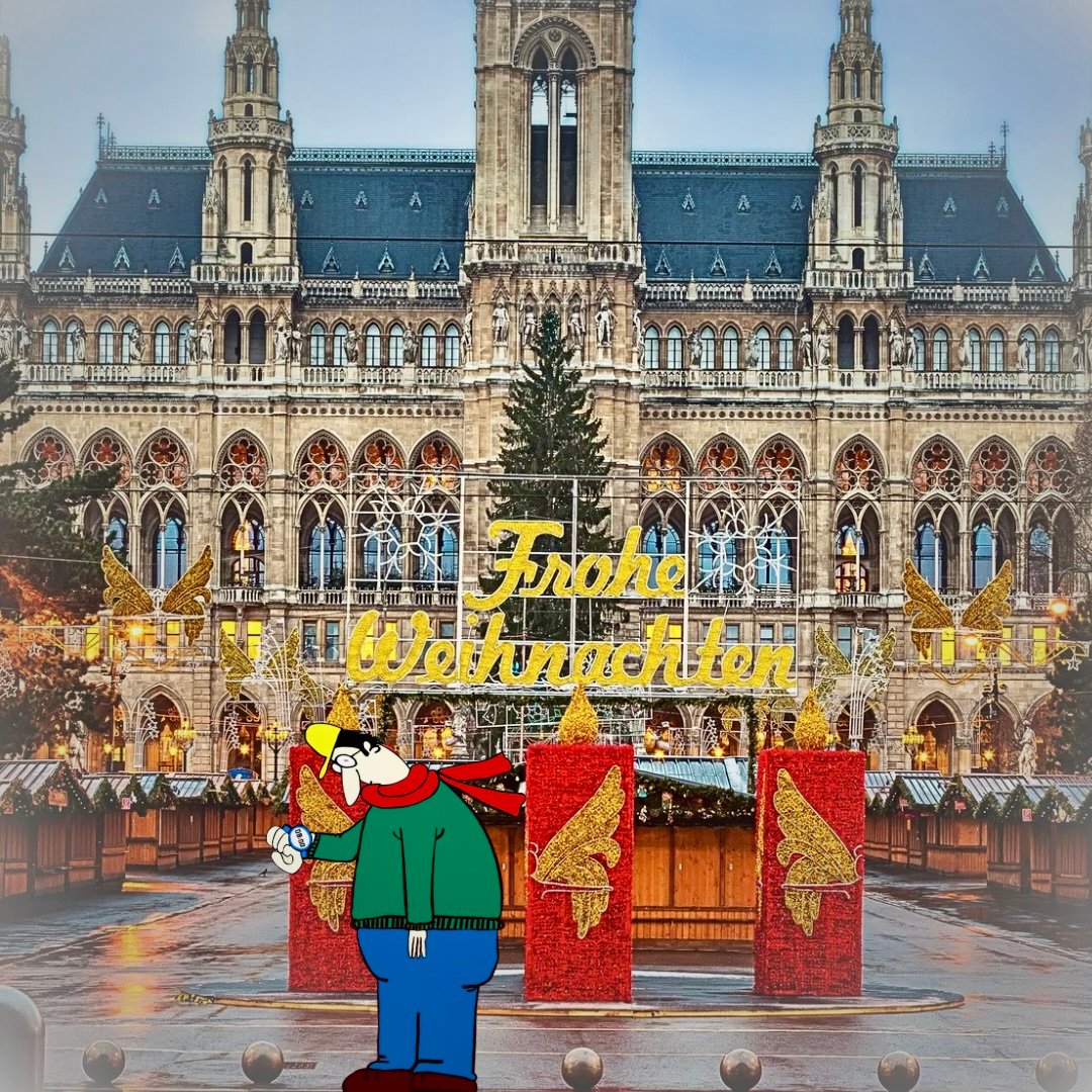 Image of a man (illustration) standing outside a closed, empty Christmas market in front of Vienna's City Hall