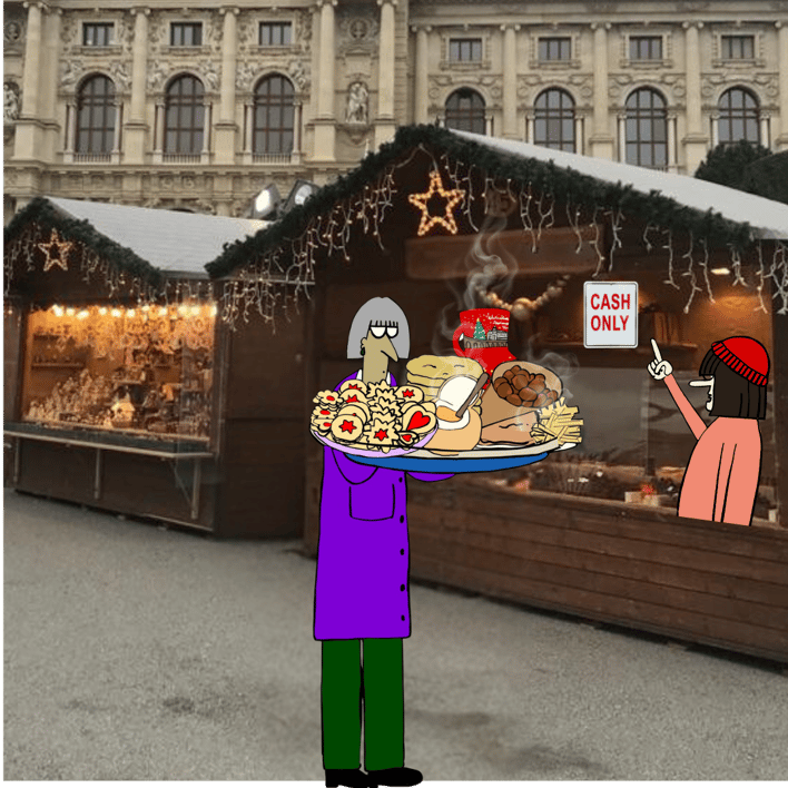 Image of a woman (illustration) standing by a Christmas market stall with a huge tray of various Austrian Christmas foods, and a vendor pointing at a 'Cash Only' sign