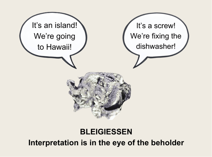 Image of a random piece of metal with speech bubbles: "It's an island! We're going to Hawaii!" and "It's a screw! We're fixing the dishwasher!", and then the heading: "Bleigiessen: Interpretation is in the eye of the beholder"