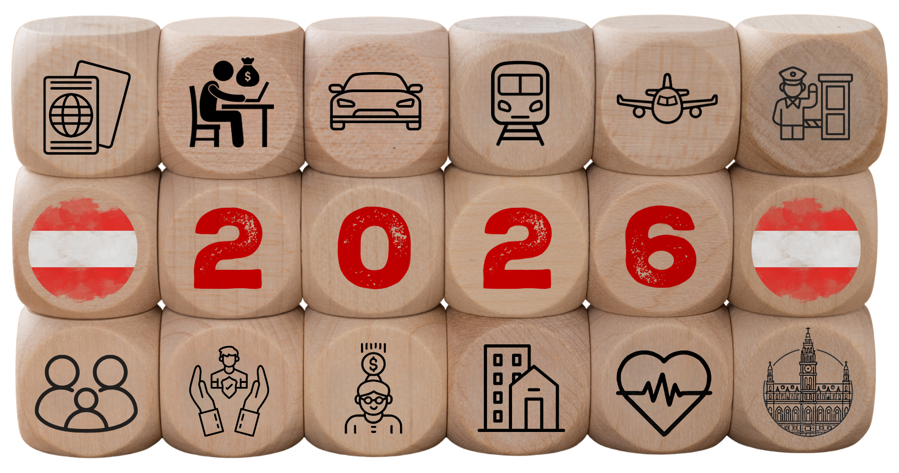 Illustrated icons representing key areas of life in Austria in 2026, including immigration, work, housing, healthcare, pensions, families, transport, travel, consumer protection and Vienna-specific changes.