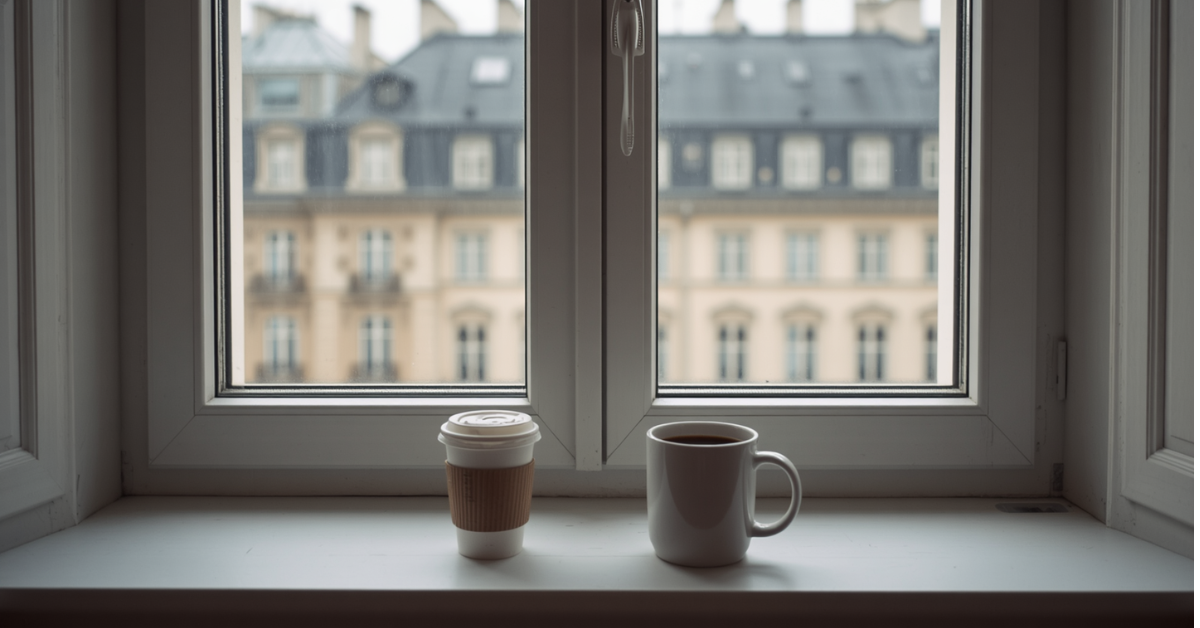A takeaway coffee cup and a ceramic mug sitting side by side on a windowsill, with buildings visible through the glass behind them