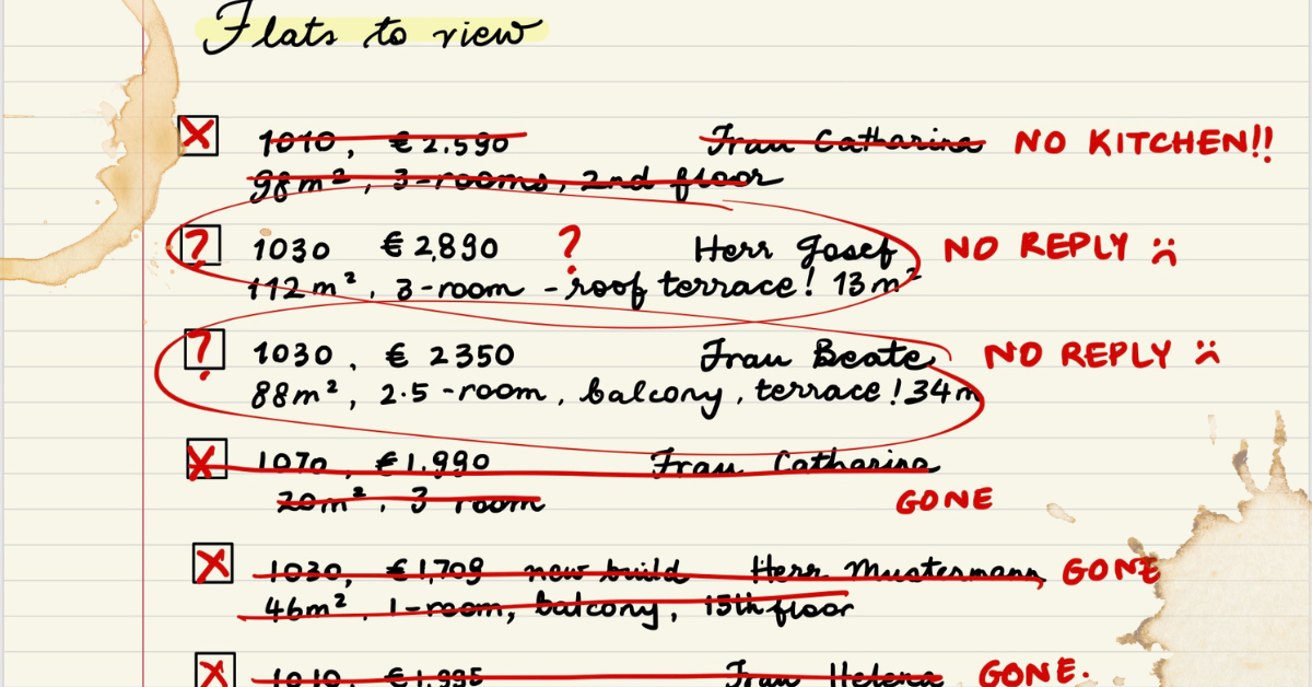 Handwritten list of flats to view in Vienna with many crossed out
