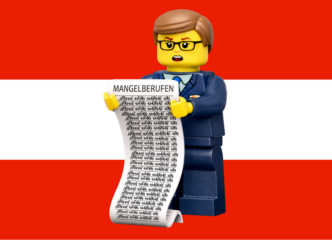 A man in a suit holding a long list of 'Mangelberufen', with colours of Austrian flag in the background